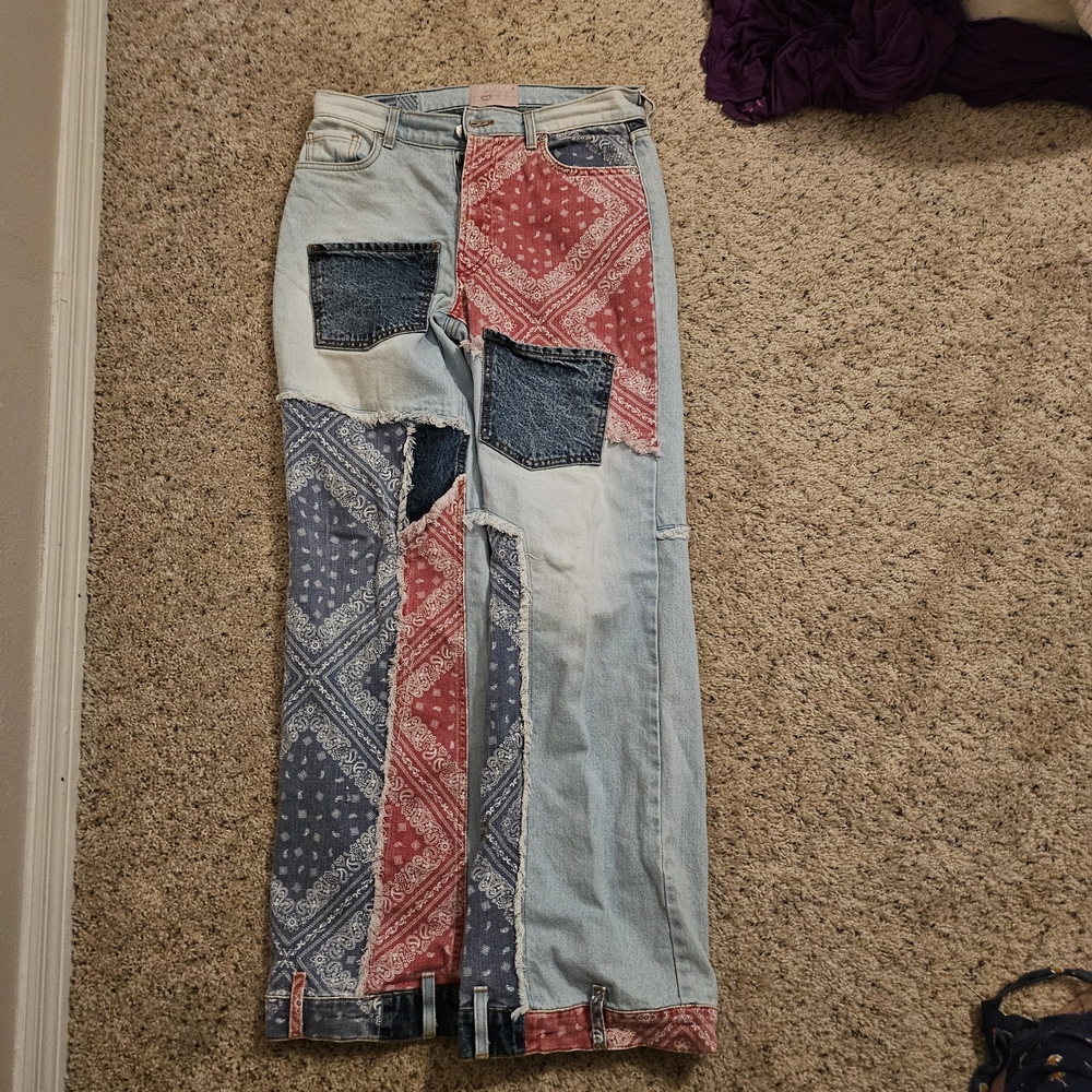 REVICE Patchwork Straight Leg Jeans - Blue, Red, White